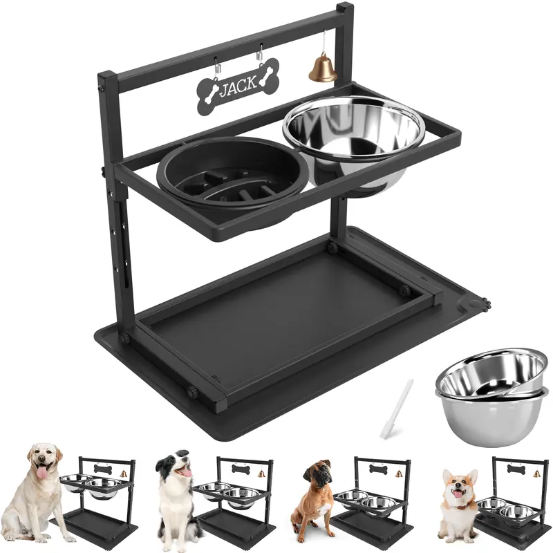 Adjustable Height Elevated Dog Bowl Set - Slow-Feeding Bowl, 2 Stainless Steel Dishes, Spill-Proof Mat for Large Dogs