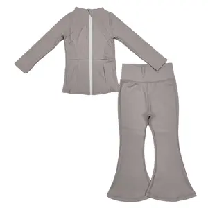 Girl Atheletic Clothes  Grey  Bell Bottom Set Cheer Game Day Yoga Outfit Winter Sports Clothes GLP1553