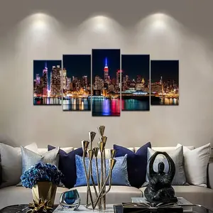 New York City Canvas Wall Art Manhattan Skyline at Night Picture Prints Modern Home Office Wall Decoration Stretched Ready to Hang Poster Ornaments Room Photo Artistic