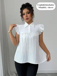 French Style Office Blouse Shirts, Pleated Cap Sleeve Design, Boho Loose-Fit, Plain Pattern, Summer, Ideal for Work, Casual Outing, Dating, Tea Time, Social Events