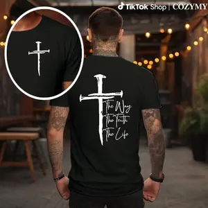 Faith Cross T-shirt - The Way, The Truth, The Life - A stylish and faith-driven T-shirt with a cross and the powerful words "The Way, The Truth, The Life." Ideal for expressing your Christian belief. Unisex. Menswear Top Shortsleeve Crewneck