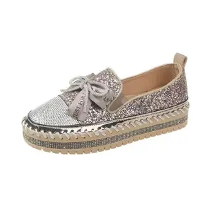 2026 New Arrival Silver Rhinestone Platform Loafers for Women, Bow Decor Slip-On Flatform Shoes Women Shoes