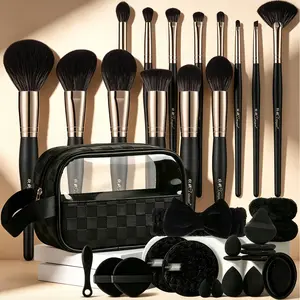 Makeup Brush Set, Soft Synthetic Face & Eye Detail Brushes All-In-1 Beauty Kit with Grid-Pattern Transparent Cosmetic Wash Bag, Black Sponges, Powder Puffs, Plush Bow Hair Accessories, Silicone Cleaning Bowl for Beginners, Daily Use & Travel