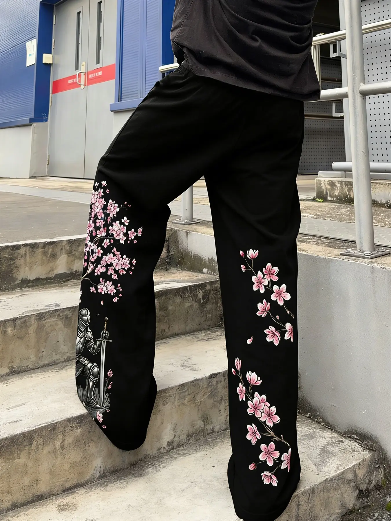 Men's Sakura & Knight Graphic Wide-Leg Pants, Fitted Style, Fall/winter Season, Casual Loose Trousers for Men