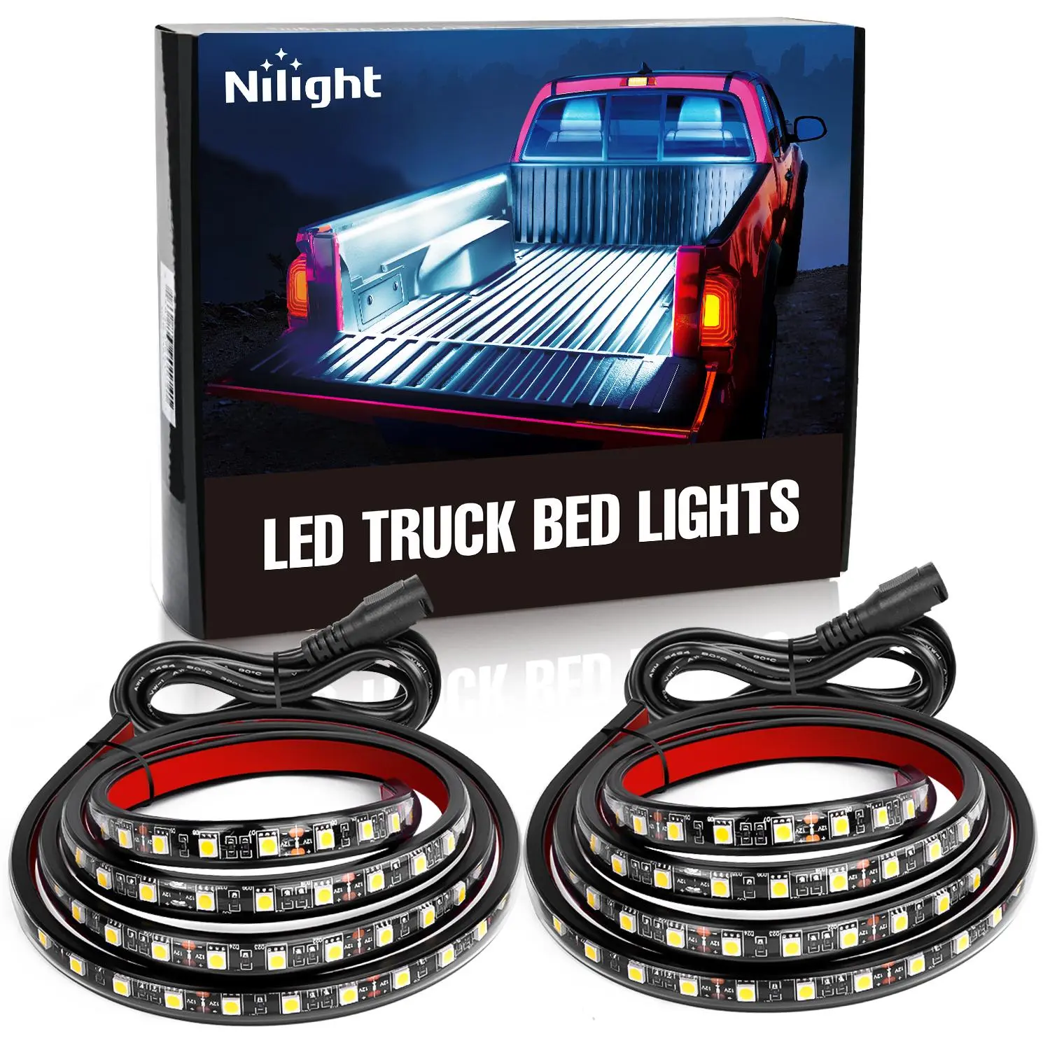 Nilight TR-05 2PCS 60-in LED Truck Bed Light Strip Kit - 180 LEDs Work Light, Peel-and-Stick 3M Tape, Waterproof On/Off Switch, Blade Fuse, 2-Way Splitter, Extension Cable, Flexible & Durable Design, 30000 Hours Lifespan - for Cargo Trucks, SUVs