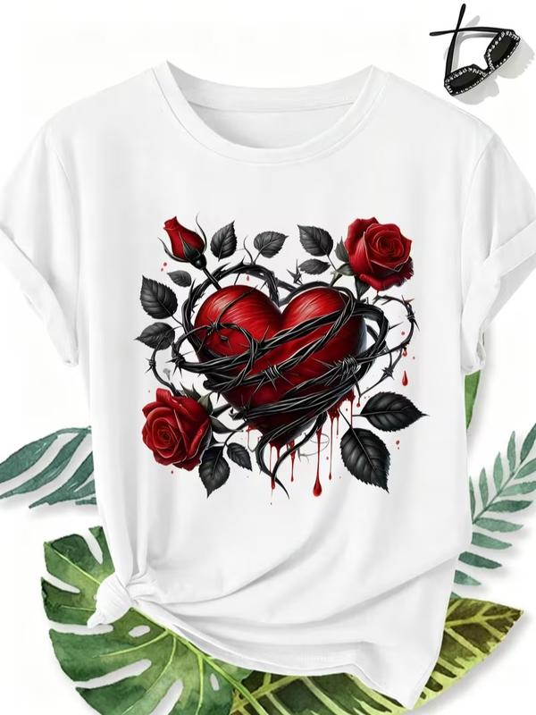 Women's Short Sleeve White Graphic T-Shirt - Gothic Red Heart, Rose Print with Barbed Wire, Trendy Vibe Street Style Casual Top for Everyday Wear, Pair with Jeans
