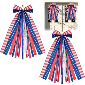 2 Pack Patriotic Bows for Wreaths 3.93x27.56" Large Patriotic Star Ribbons Bow Clip-On 4th of July Decorations Wreath Sash Bow Red White and Blue Bow for Front Door Independence Memorial Day Decor
