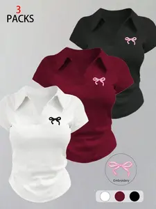 Y2K Women's Bow Embroidered Casual Polo Shirt Set, Wine, V Neck Short Sleeve Slim Fit, Soft Breathable Elastic Fabric