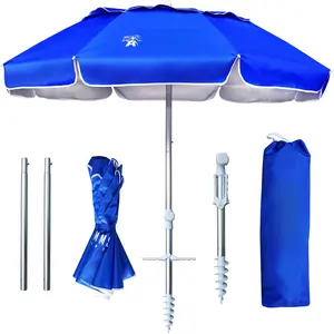 6ft Folded Portable Travel Beach Umbrella with Sand Anchor Tilt Air vent UPF 50+UV Protection Fit In Suitcase Compact Foldable Telescopic umbrellas for Patio Garden Beach Pool Blue