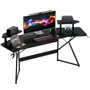 GTRACING Wing-Shaped Gaming Desk with Power Outlet, RGB LED Lights, Removable Monitor Stand, Full-sized Mouse Pad, Headphone Hook & Cup Holder, Black