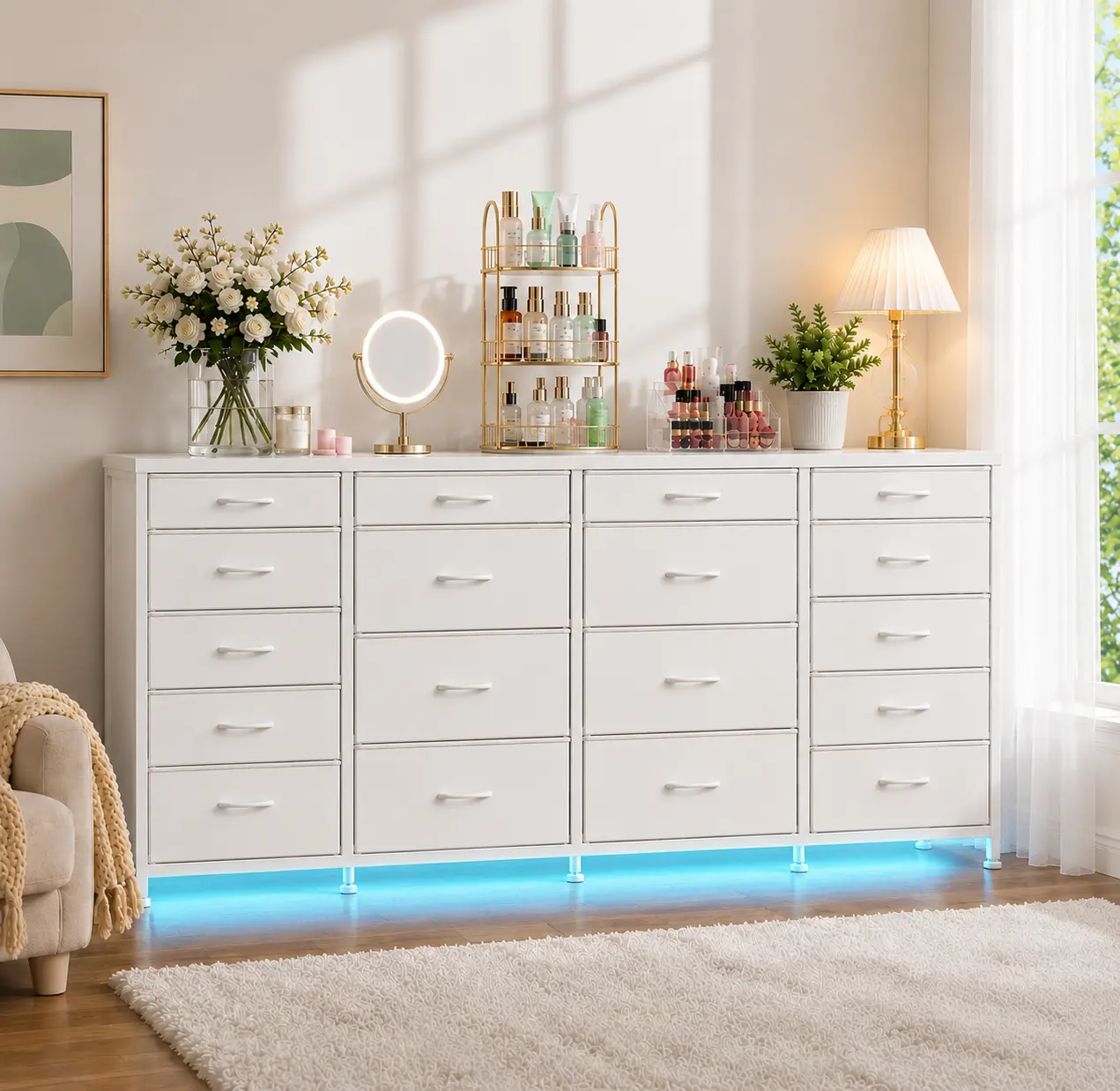 【SummerVibes】Raybee Furniture 63" W 18 Drawers Dresser, with LED Lights & Power Outlets, Long Dresser for 65" TV Stand for Bedroom, Large Fabric Dressers & Chests of Drawers for Bedroom, Sturdy Metal Frame