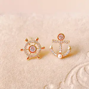 14K Gold Helm and Anchor Earrings, Mismatched Nautical Earrings, Boat Earrings, Sailor Earrings, Navy Earrings, Marine Earrings, Gift EM347