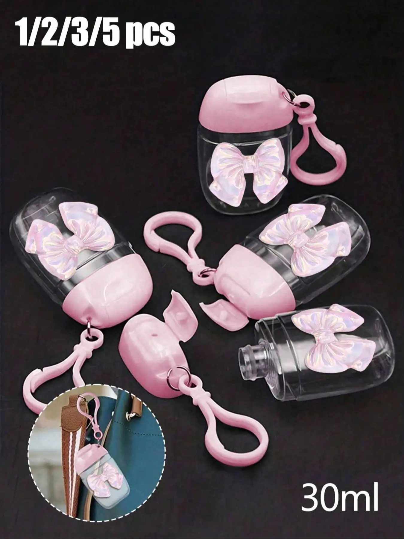 Pink Clear Empty Hand Sanitizer Bottle With Bow,30ml,Travel,Holder Hook Keychain,Pink Flip Cap,Lid Reusable Portable Refillable Design,Cosmetic Container,Lotion Bottles,Bottles With Lids,Suitable For Lotion Cream,Travel Essentials