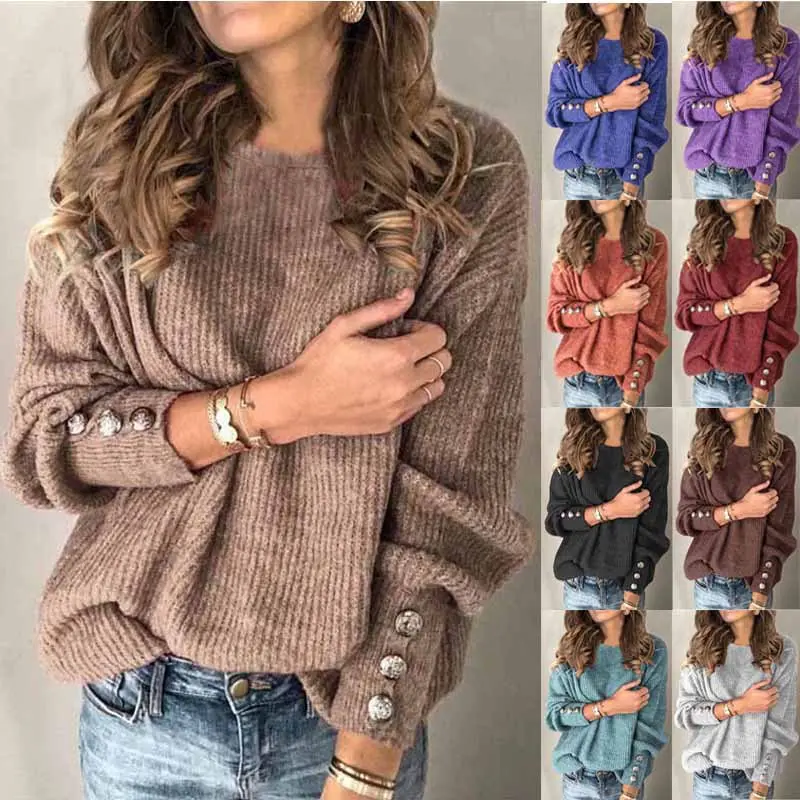 Women's Long-Sleeved Round Neck Button Sweater T-shirt Slub Knit Full-Zip Hoodie Loose V-Neck Summer Top Knitwear Basic Casual Crewneck Minimalist Black Street-Style Skull Vintage Checkered Ghost Teacher Fashion Piece regina george orange rory gilmore