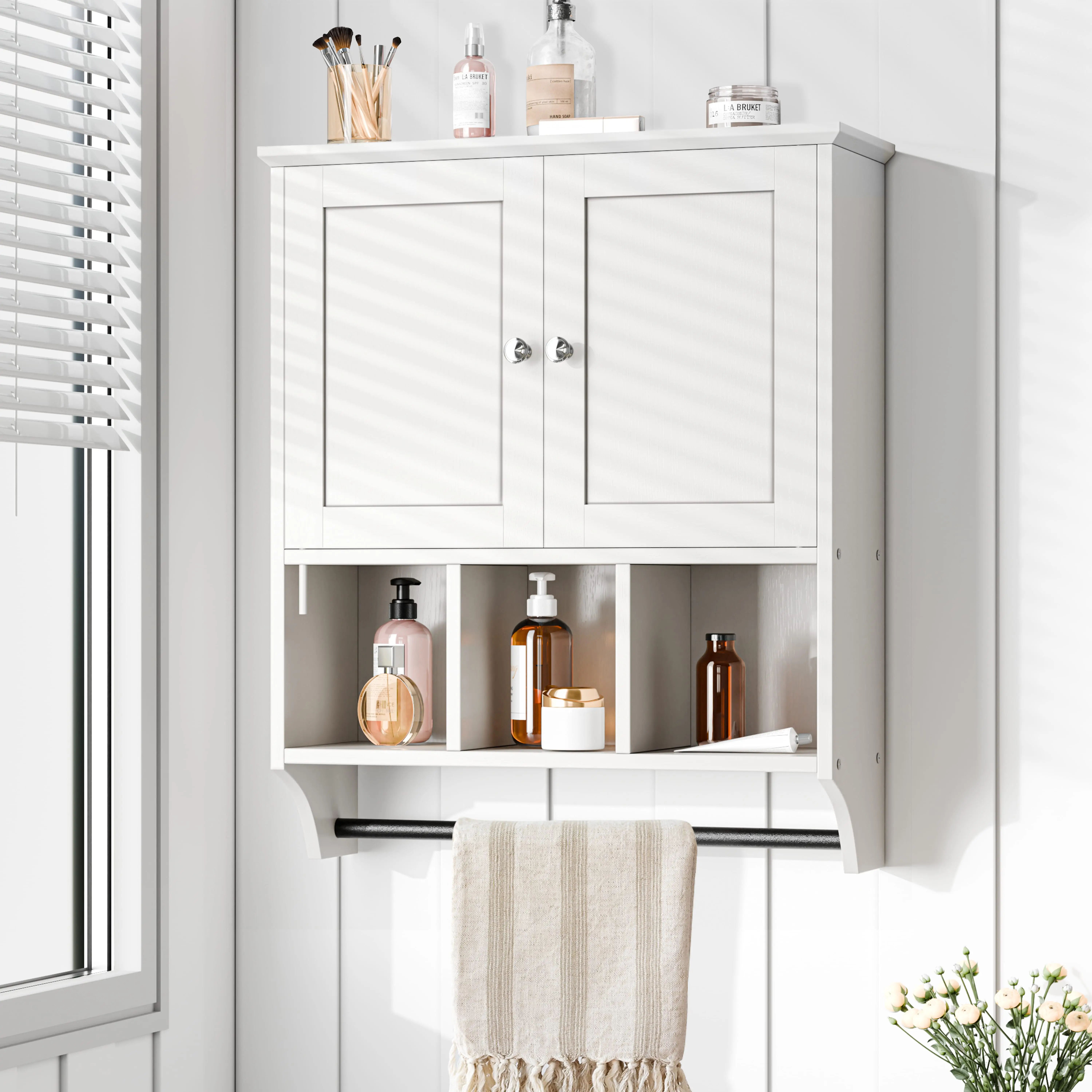 Walsunny Wall Cabinet with 2 Door Adjustable Towel Rack Shelves,Over The Toilet Storage, Wall Mounted Medicine Cabinets for Bathroom, Laundry, Kitchen