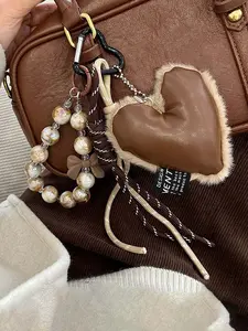 Gentle milk apricot style plush beaded love pendant, personalized creative keychain small pendant, small and exquisite cute and versatile, shoulder crossbody bag small object pendant, cartoon  keychain bag, Fuzzy keychain, Trendy cute keychain