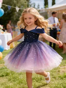 Girls' Star Pattern Sequin Mesh Princess Dress, Fitted Knee Length Party Gown, Wedding and Holiday, All Seasons Wear