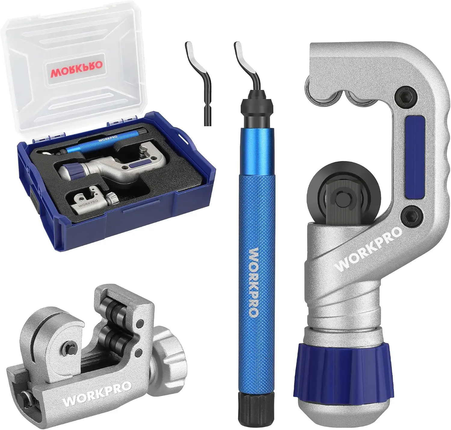 #blackfriday WORKPRO 3-Pack Ball Bearing Tubing Cutter Set, High-Speed Steel, 1/8"-1-1/4" Inches Capacity, Includes Deburring Tool for Smooth Edges, Ideal for Pipe Repair & Copper Brass Tube Cutting, Fits Plastic Tubing