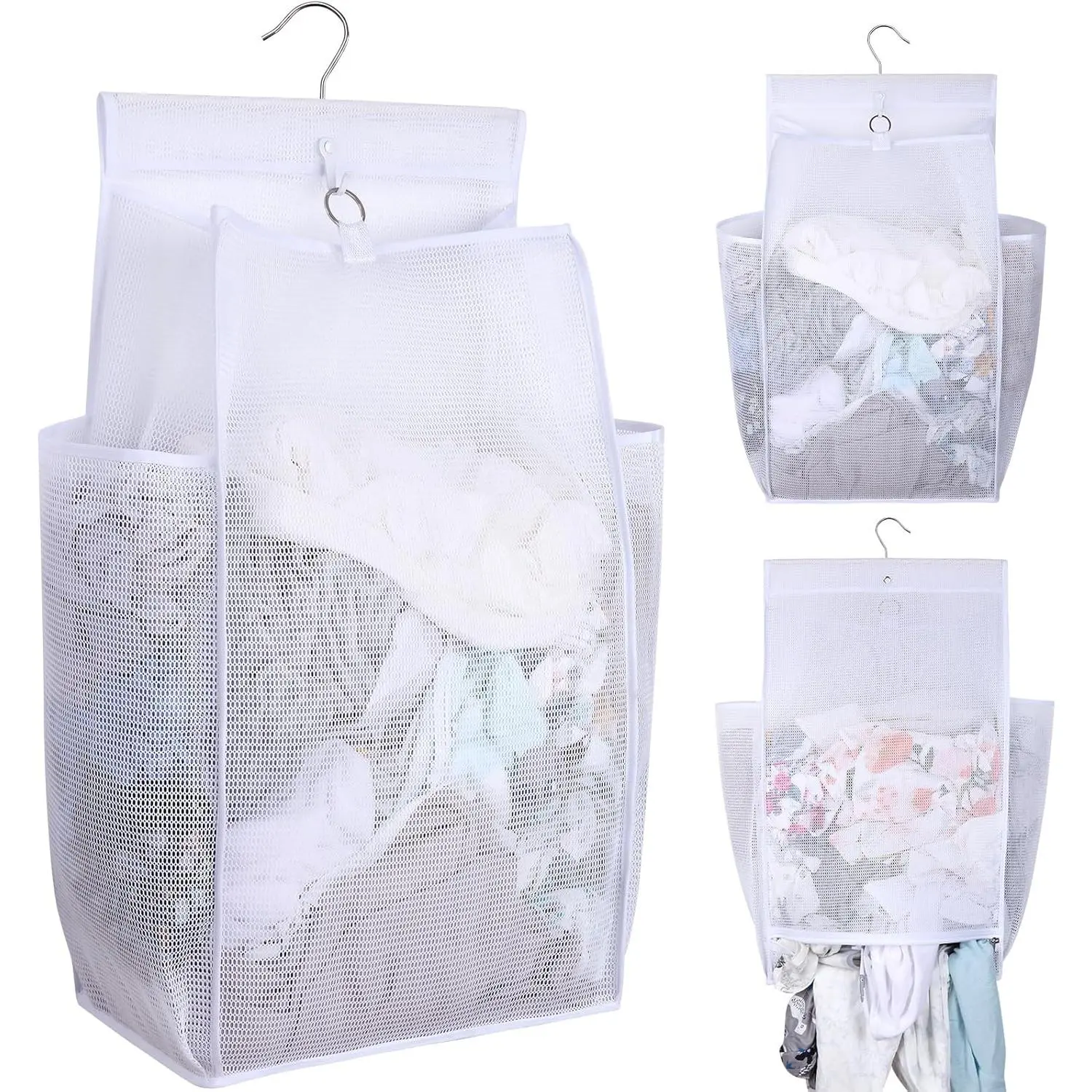 Hanging Collapsible Breathable Mesh Laundry Hamper, White, 24 x 14.2 x 7.5 in