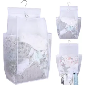 Hanging Collapsible Breathable Mesh Laundry Hamper, White, 24 x 14.2 x 7.5 in