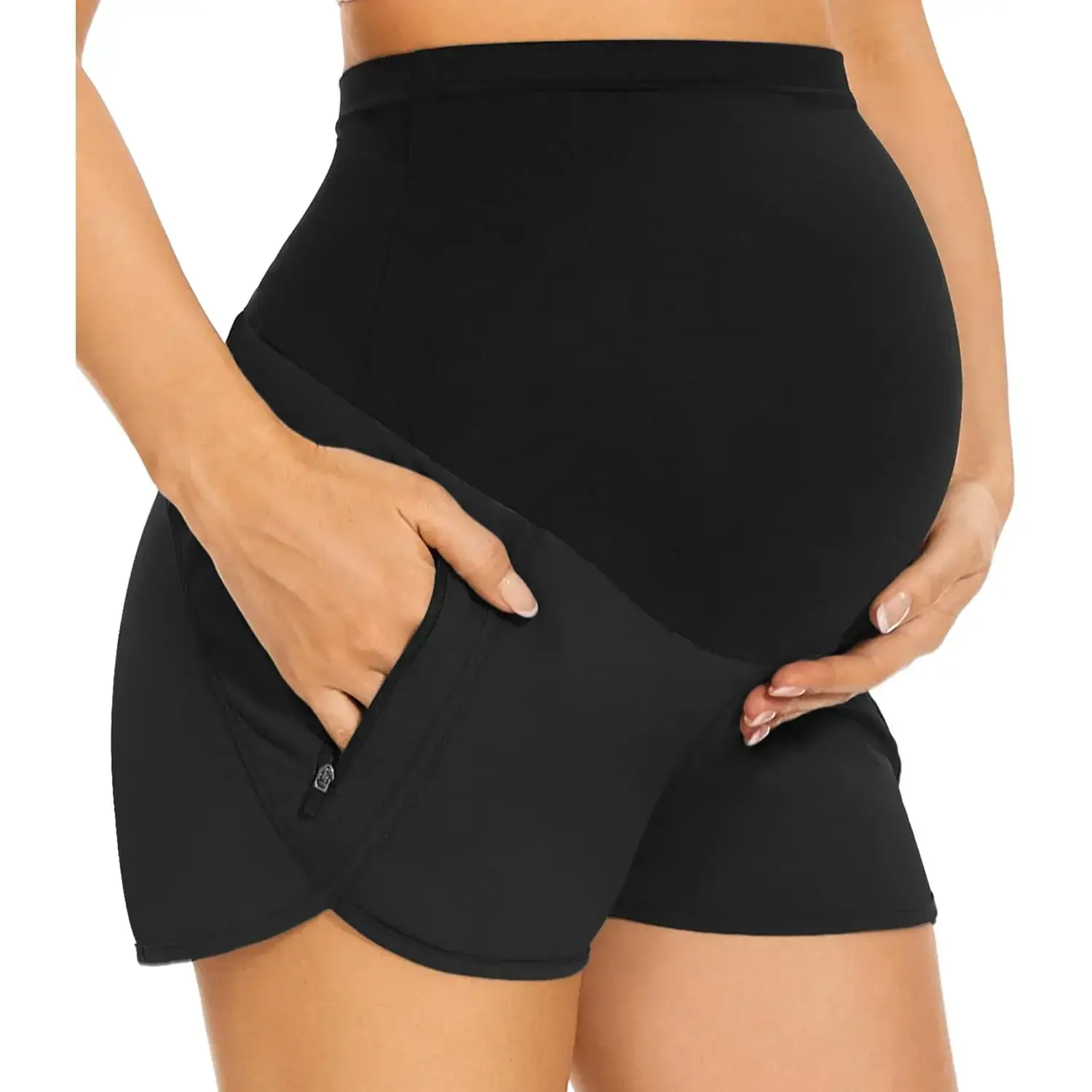 Women's Maternity Shorts Over Belly Quick Dry Workout Athletic Running Shorts with Zipper Pockets