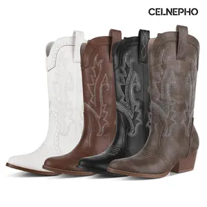 CELNEPHO Women Cowboy Boots Pointed Toe Western Embroidered Booties Chunky Block Heel Mid Calf Boot Easy Pull on Tabs Country Wedding Horse Riding Cowgirl Festival Gift Everyday Wear Dress Shoes Deals For You Days