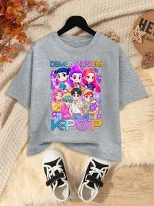 Girls Kpop Demon Hunters Pattern Short Sleeve Tee, Q Version Cartoon Anime Print, Summer Fashion Casual Top, Daily Wear Outdoor Leisure