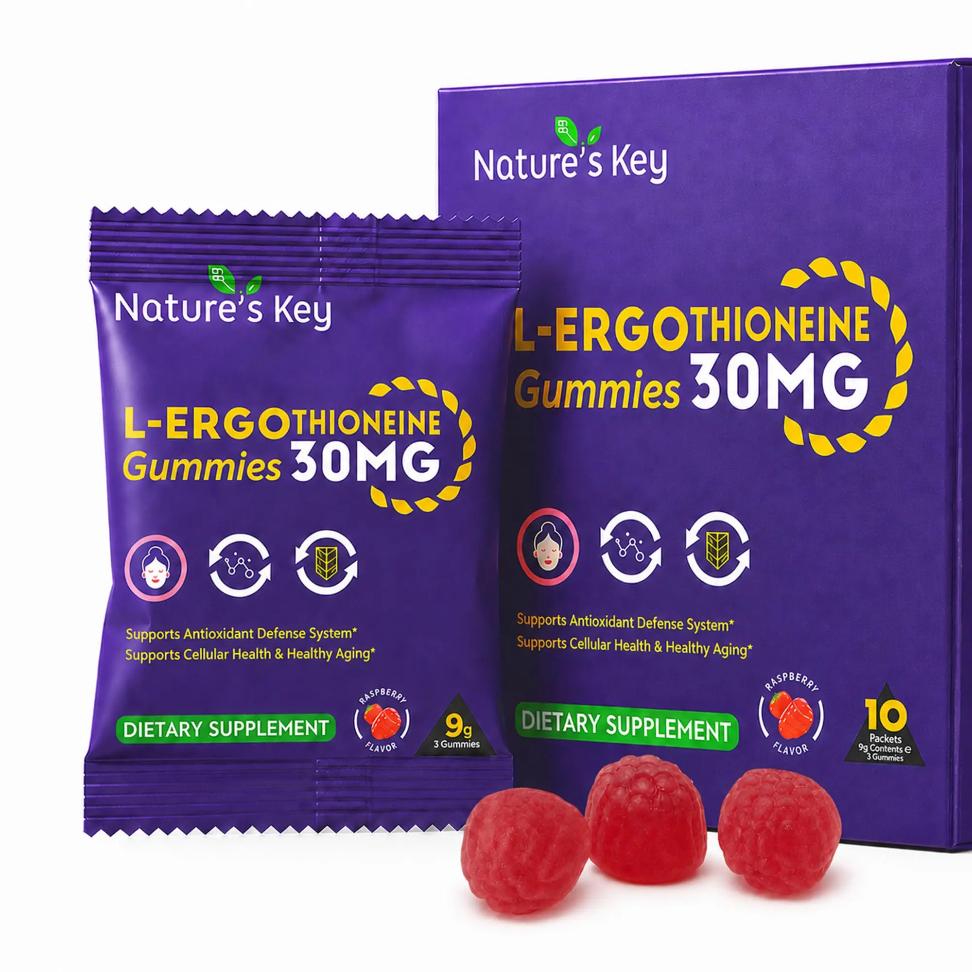 [back to school] Nature's Key Ergothioneine Gummies, 30mg Per Serving, Raspberry, with AKG, SOD-Rich Cili Fruit & Grape Seed, Cellular Antioxidant & Energy, 10 Pouches