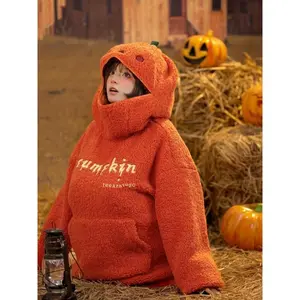 TikChic Closet Pumpkin Head Hoodie Costume, Thickened Fleece, Face Cutouts, Oversized Loose Fit, Halloween Party, Winter Warmth, Hand Wash Only