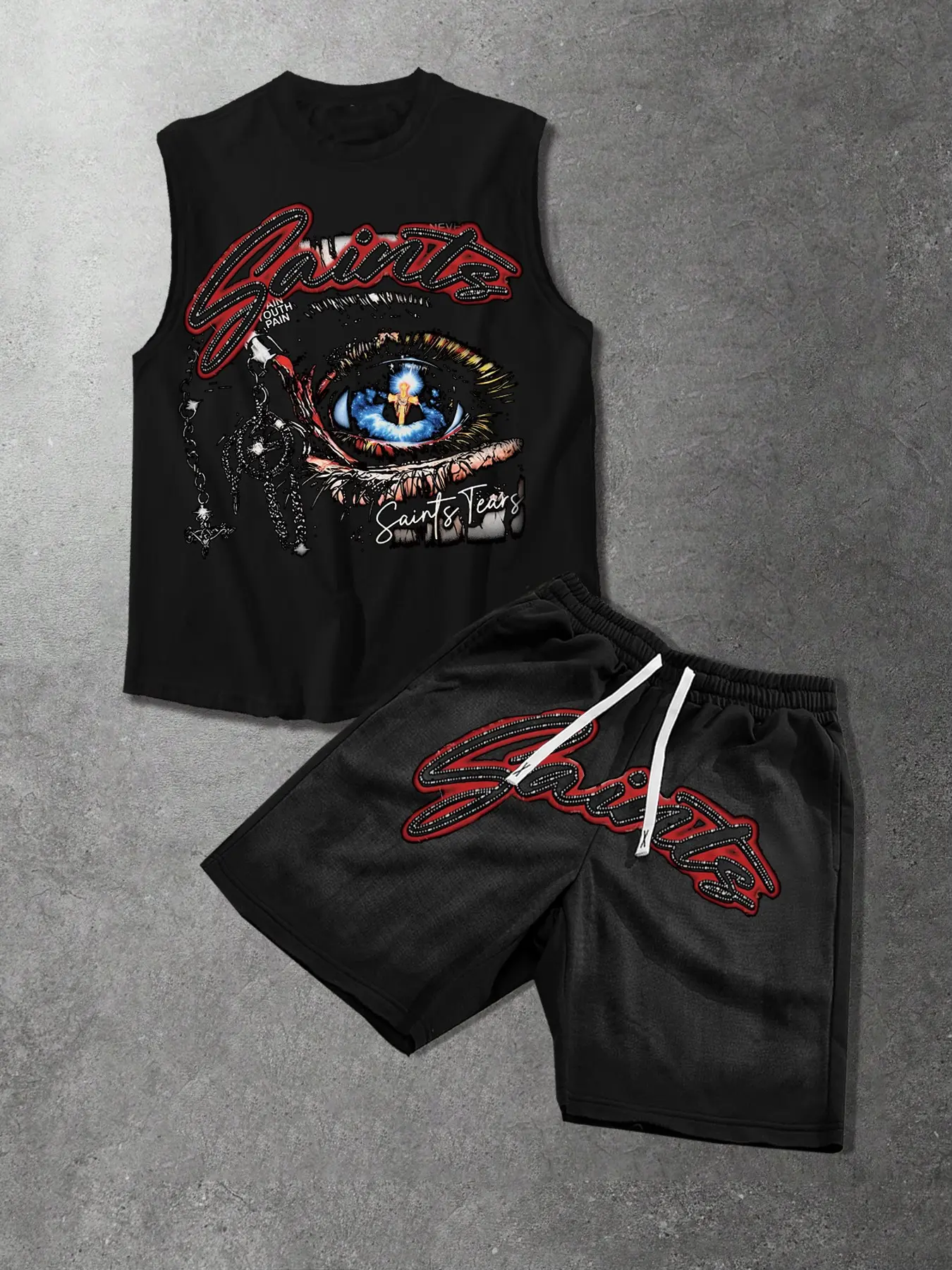 Saints Tears Graphic Tank Top & Shorts Set for Men | Y2K