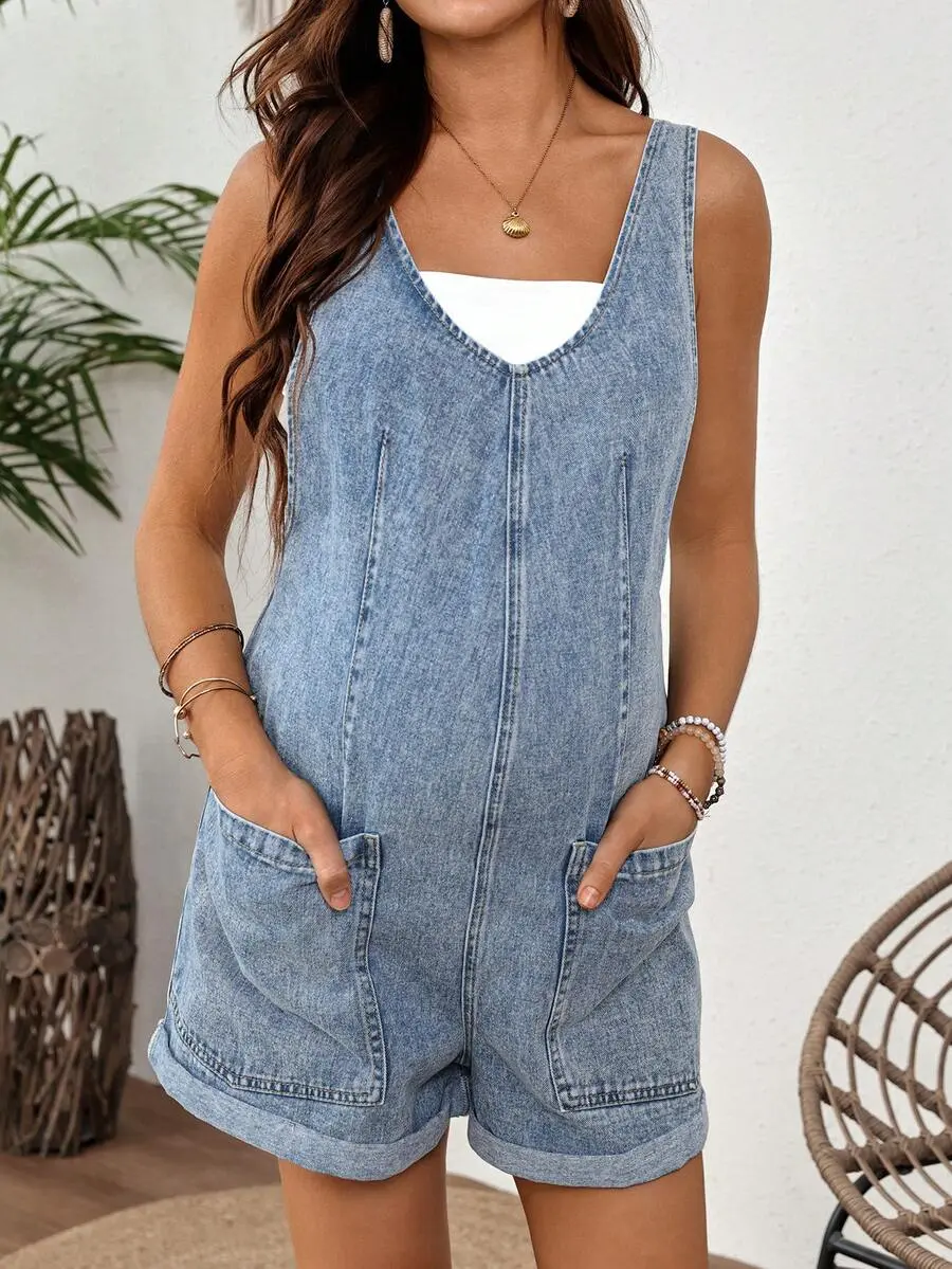 DANLIEN Maternity Pocket Casual Daily Denim Overall Shorts Summer Fall Festival Beach Party Going Out Vacation Shorts for Women