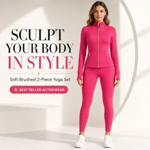 MG1 Latest! Women's Yoga Suit Set with Pockets, Women's Casual Yoga Wear with Zip 2 Piece Set, Soft Brushed Sport Jacket & & 25" Inseam Leggings, Slim-Fitting Plain,, comfortable and casual set, Thumbholes, daily exercise, All Seasons