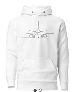 White Hoodie with Airplane Design Front One Line Cleared for Coffee Logo on Back Comfortable Casual Wear