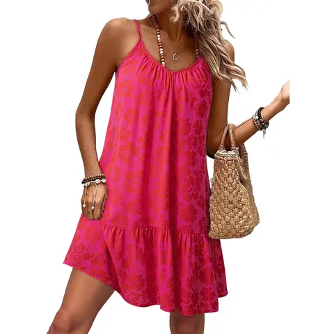 Dokotoo Summer Dresses for Women 2026 Spaghetti Strap Sexy Deep V Neck Smocked Ruffle Flowy Boho Dresses
