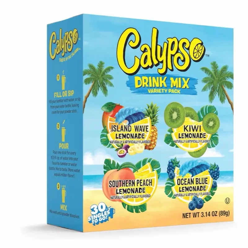 Calypso Singles To Go! Drink Mix Variety Pack - 30-Count On-the-Go Powdered Packets, Low-Calorie Water Enhancer with Island Wave, Kiwi, Southern Peach, Ocean Blue Flavors