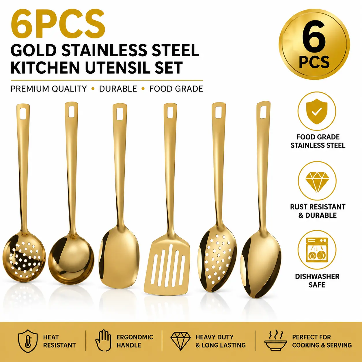 6PCS Gold Stainless Steel Kitchen Utensil Set | Cooking Spoon, Soup Ladle, Slotted Spoon & Turner | Heavy Duty Food Grade Serving Tools for Kitchen, Buffet & Cooking