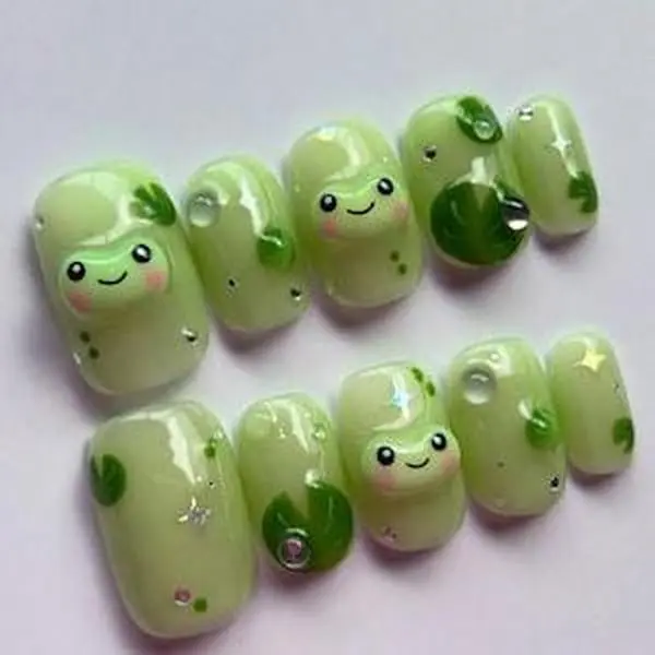 Cute Frog Press On Nails, Kawaii Green Frog Nail Art, Lily Pad Nail Design, Short Glossy Handmade Reusable Nails
