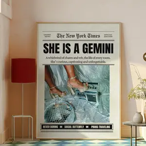 She's a Gemini Trendy Zodiac Newspapers Magazine wall art Print, New York News Aesthetic poster, Girly Horoscope Astrology Fashion Gift for Her