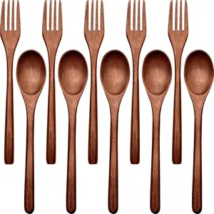 10PCS Wooden Spoons Forks Set Wood Dinner Utensil Set Reusable Flatware Tableware Set Handmade Natural Cutlery Set Includes Wood Spoon Fork for Cooking Stirring Eating,Car Interior Accessories Portable Dinnerware