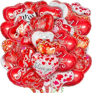 36 pc Red Heart Balloons, Valentines Day Balloons Foil, I Love You Mylar Balloons for Valentines Special Night Party Decorations