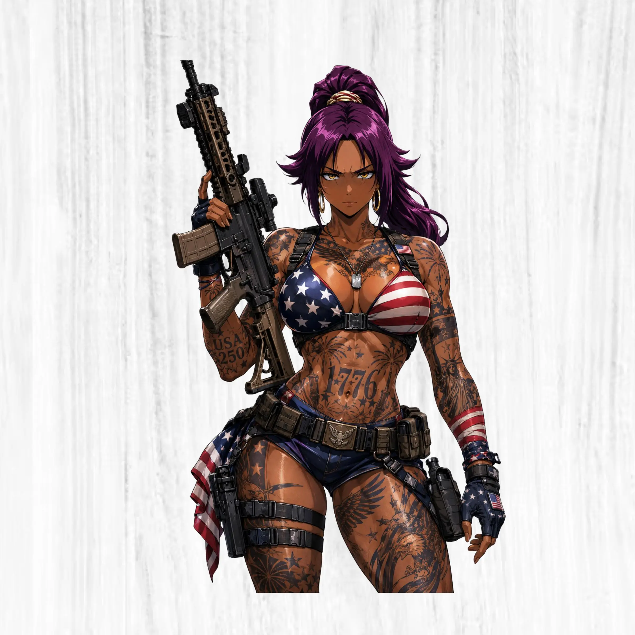 USA 250 Purple Hair Tactical Girl Sticker, Patriotic Anime Soldier With Rifle and Tattoos Decal USA 250 Purple Hair Tactical Girl Sticker, Patriotic Anime Soldier With Rifle and Tattoos Decal