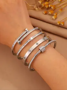 4-Piece Elegant Stainless Steel Bracelet Set, Fashionable Bangles, Stacking Bangles, Fashionable Classic Design, Perfect for Daily Wear & Holidays, No Choking Hazard, Stackable Bracelets