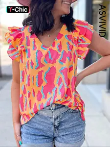 Women's Abstract Print Ruffled Sleeve Blouse, Shirts, Top, Elegant V-neck for Summer, Ladies Elegant Wear Fit