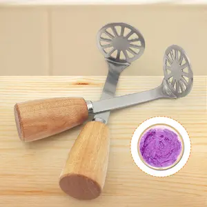 2 Counts Stainless Steel Potato Masher, Heavy Duty Manual Masher with Wood Handle, Comfort-Grip Wooden Handle, Reduces Hand Fatigue, Versatile for Avocado & Pumpkin