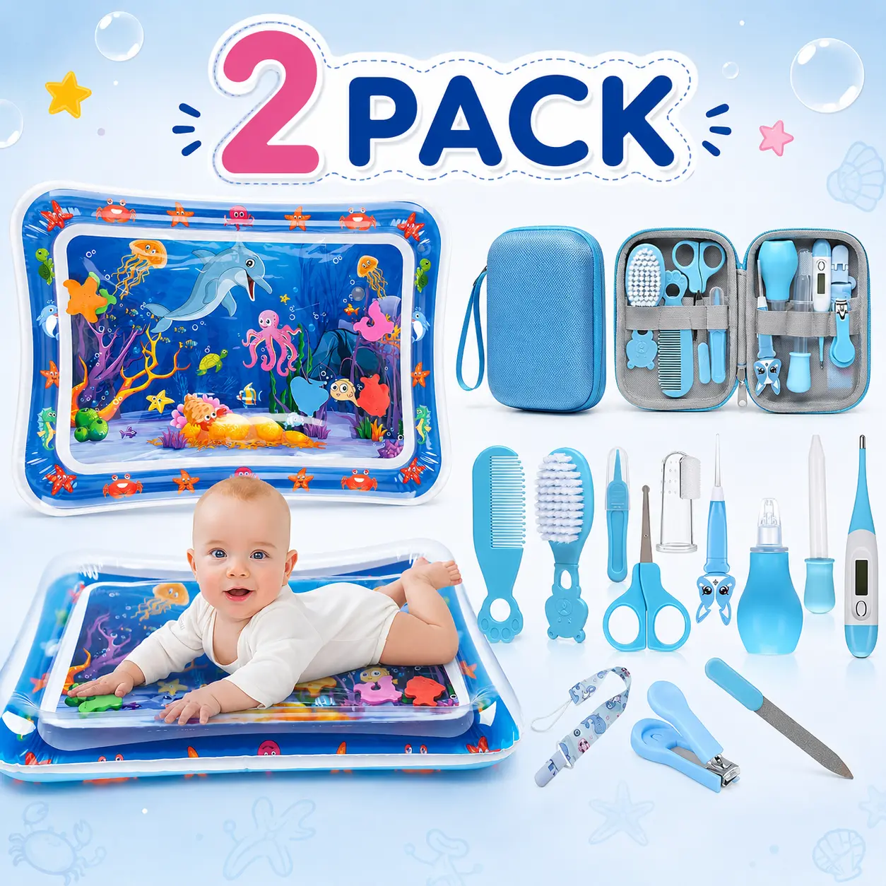 Baby Healthcare & Grooming Kit + Tummy Time Water Mat, Newborn Baby Care Essentials with Hair Brush, Comb, Nail Clipper, Thermometer, Pacifier Clip, Inflatable Water Play Mat for Infants 3-24 Months, Baby Registry & Shower Gift