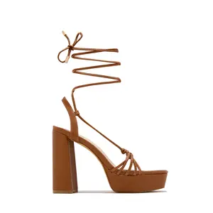 London Lace Up Platform Heels - Tan