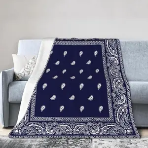 Soft Comfortable Funny Throw Blanket Navy Blue Bandana Paisley Border Print Blanket,Birthday Gift For Kids Fleece Suitable For Sofa Bed Room