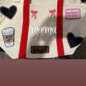 Large Red Canvas Tote Bag with Decorative Patches