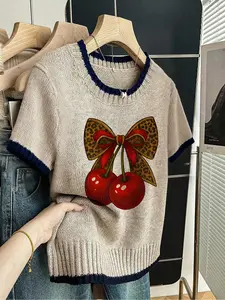 Women's Leopard Print Bow Cherry Pattern Sweater, Casual Short Sleeve Lightweight Knitwear for Spring Summer Fall, Comfortable Warm Daily Wear