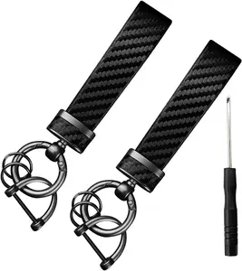 Carbon Fiber Leather   - Key Chain Ring Key Tag  Key Fob Holder for Men Women - Anti-Lost D-Ring (Black, 2 count)